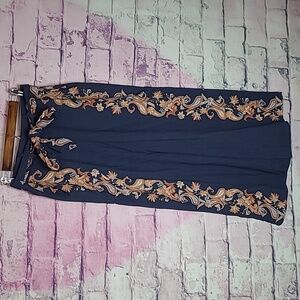 BOSTON PROPER PAISLEY SCROLL BELTED PULL ON CROP PANT NAVY BOHO XS